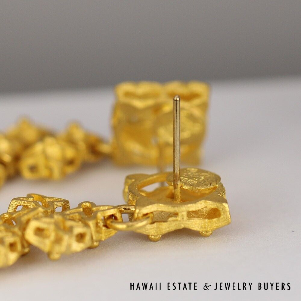22K Yellow Gold Floral Dangle Post Back Earrings - Image 5