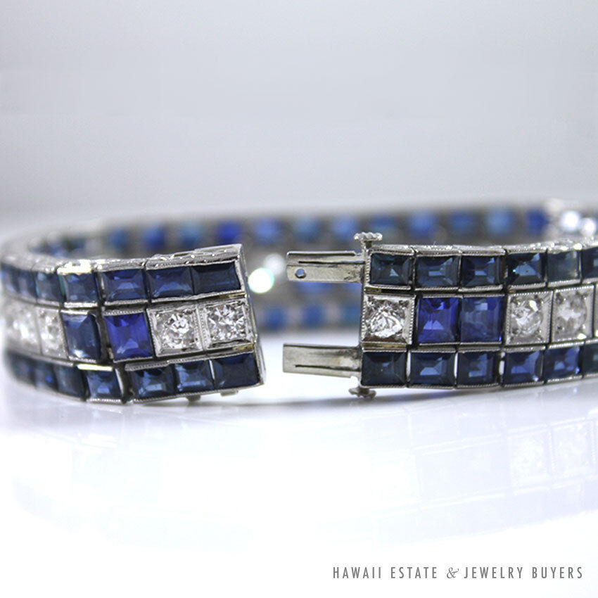 Art Deco Natural Sapphire & Old European Cut Diamond Platinum Bracelet 6.75 Inch - Image 4