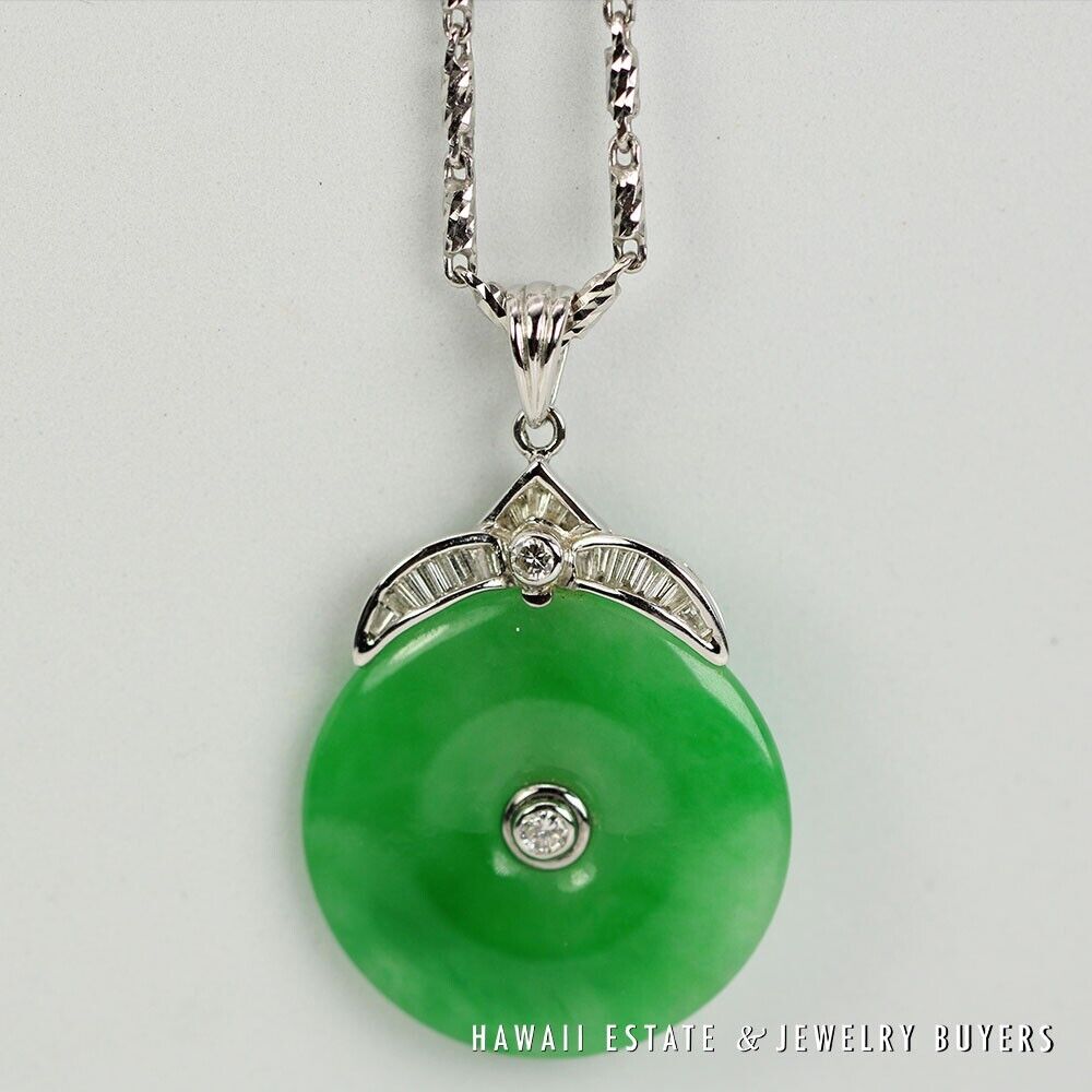 GIA Jade Apple Green Diamond 18k White Gold Donut 14K Pendant Necklace - Image 7