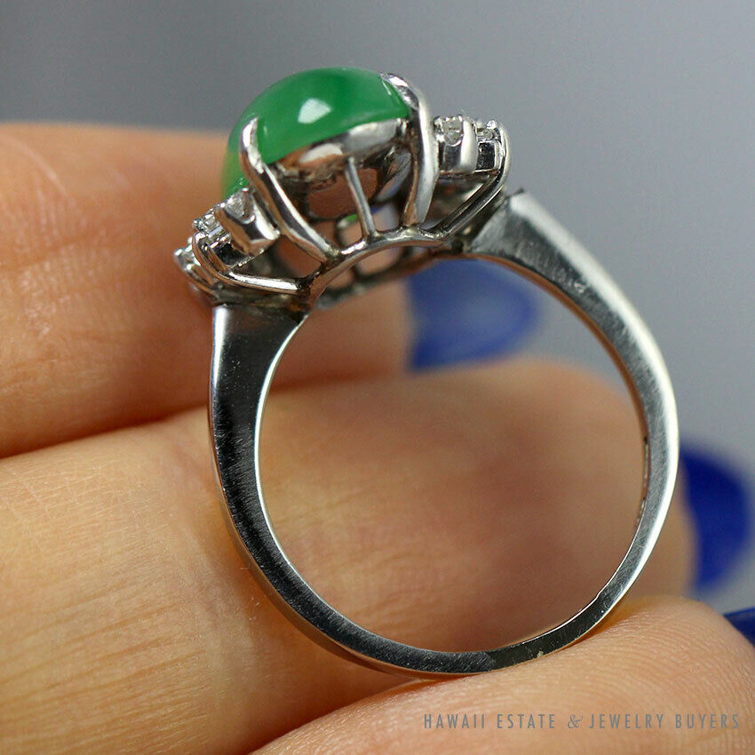 GIA Natural a Jade Green Translucent Cabochon 0.36ctw Diamond Platinum Ring Sz 6 - Image 8