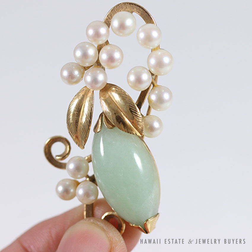 Ming's Hawaii Natural Green Jade & Cultured Pearl Floral Branch 14K Yellow Gold Brooch - Image 2
