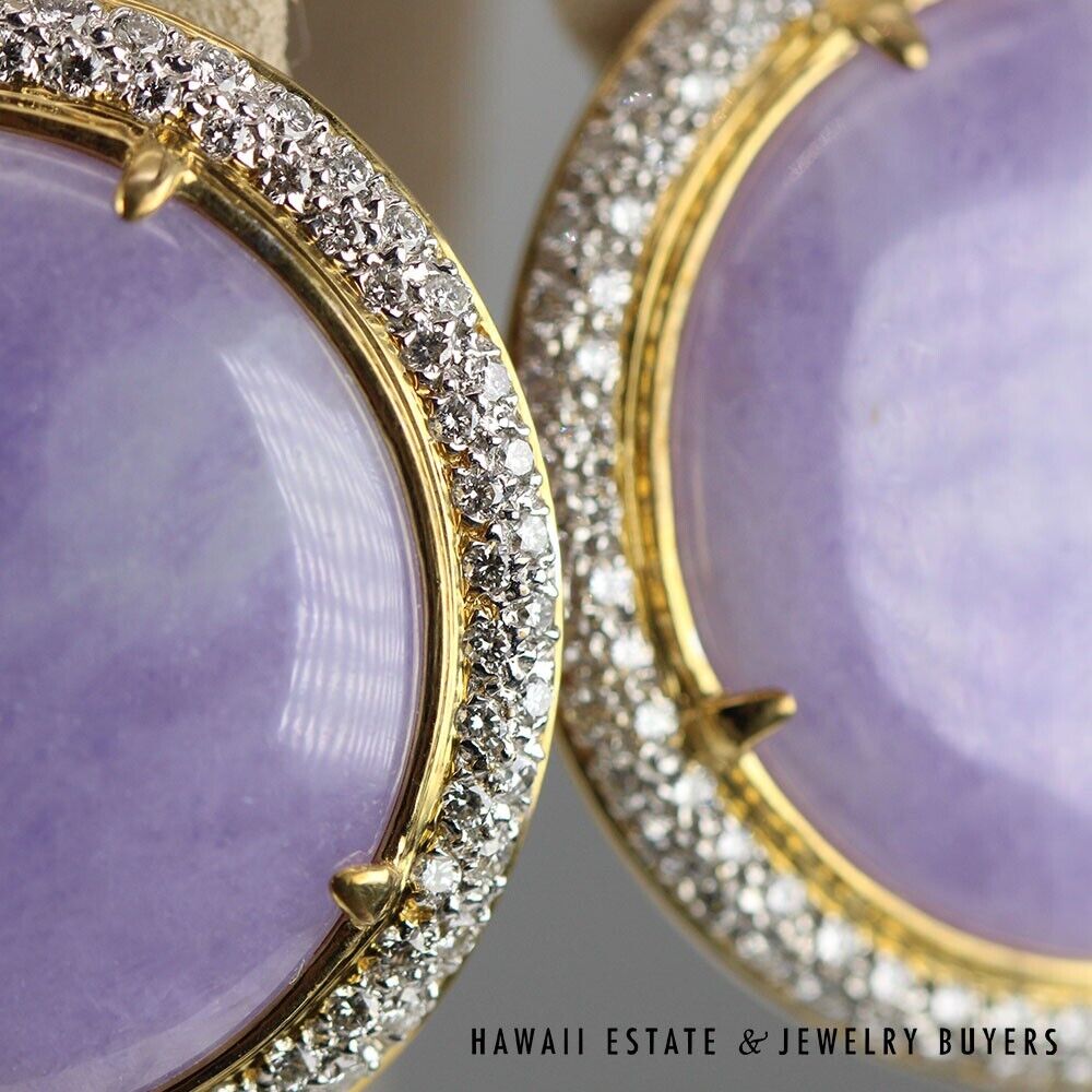GIA Jade Lavender Circle Cabochon Round Diamond 18k Yellow Gold Earrings - Image 3