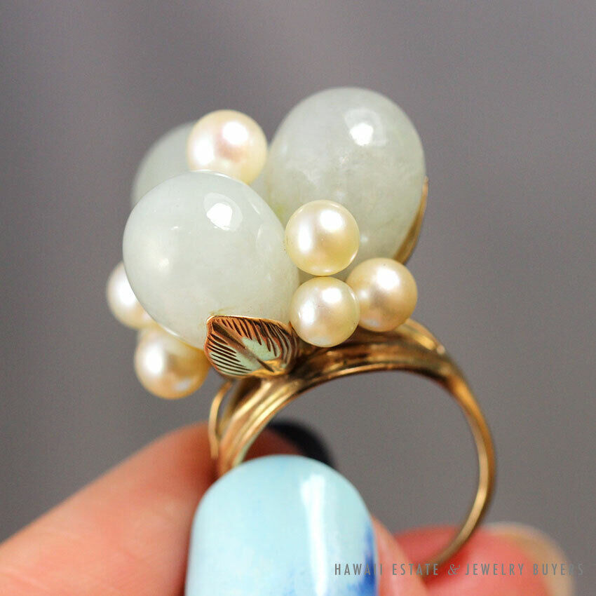 Pale Green Jade & Cultured Pearl 14K Yellow Gold Cluster Dome Ring Size 5 - Image 3