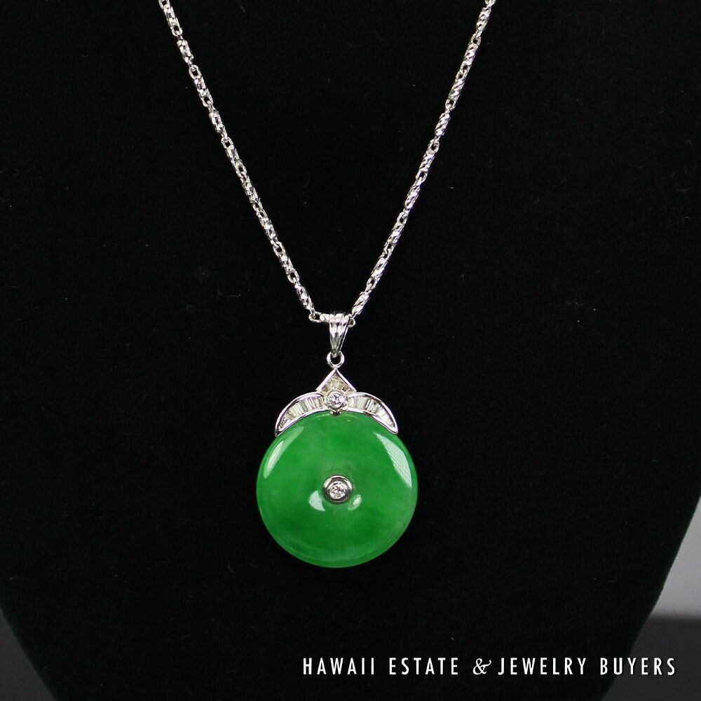 GIA Jade Apple Green Diamond 18k White Gold Donut 14K Pendant Necklace - Image 11