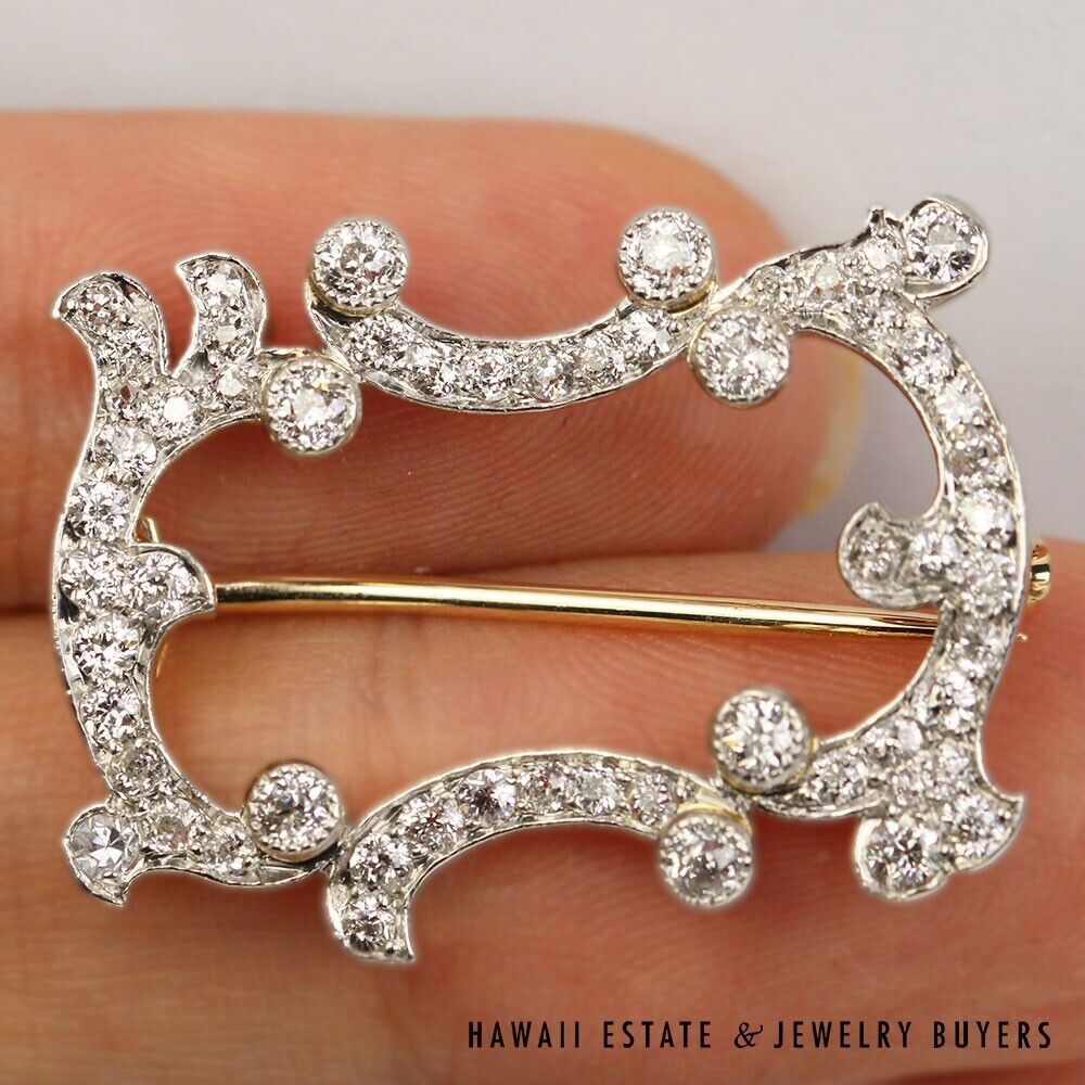 Vintage Old European Cut Diamond Platinum & 16K Gold Openwork Brooch