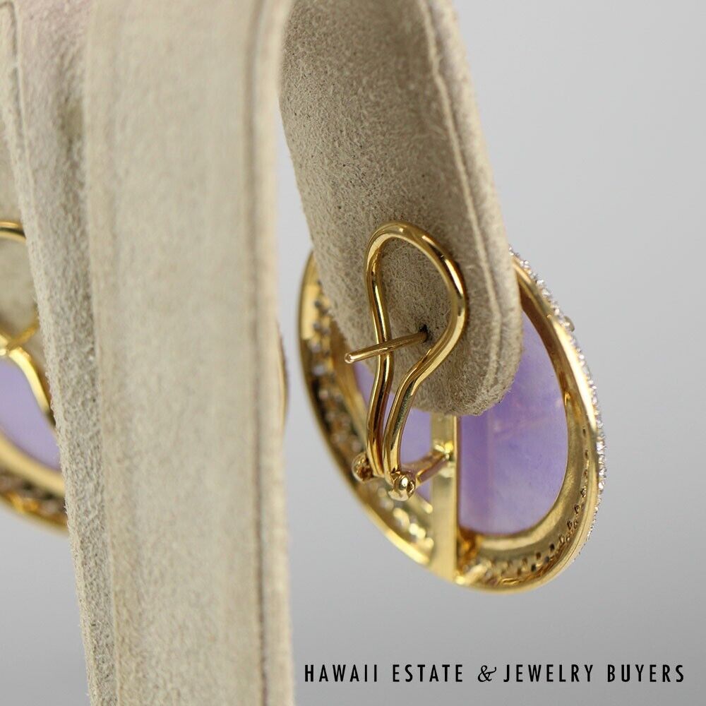 GIA Jade Lavender Circle Cabochon Round Diamond 18k Yellow Gold Earrings - Image 4