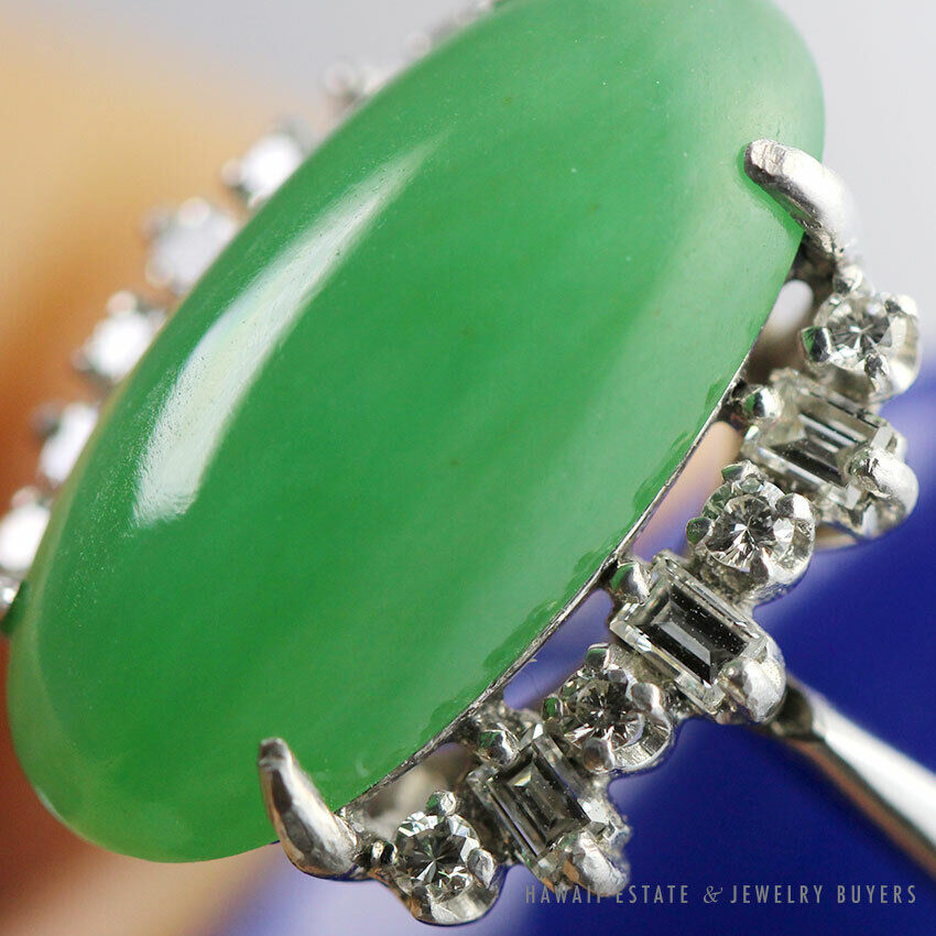 GIA Natural a Jade Green Translucent Cabochon 0.36ctw Diamond Platinum Ring Sz 6 - Image 5
