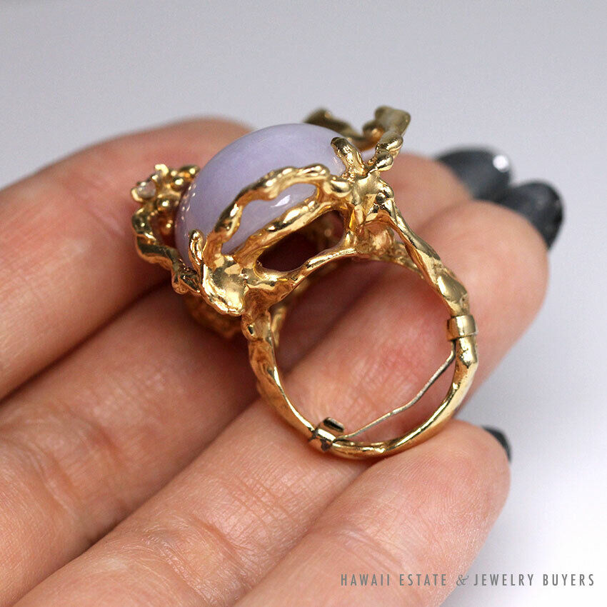 Lavender Jade Cabochon & Diamond 14K Yellow Gold Free Form Branch Ring Size 5 - Image 7