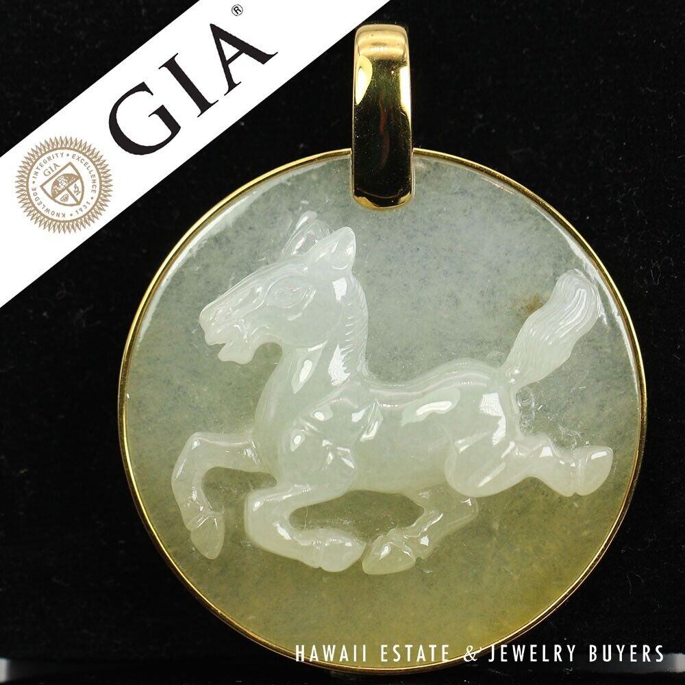 GIA Natural Jadeite Jade 18k Yellow Gold Horse Circle Large Pendant - Image 2