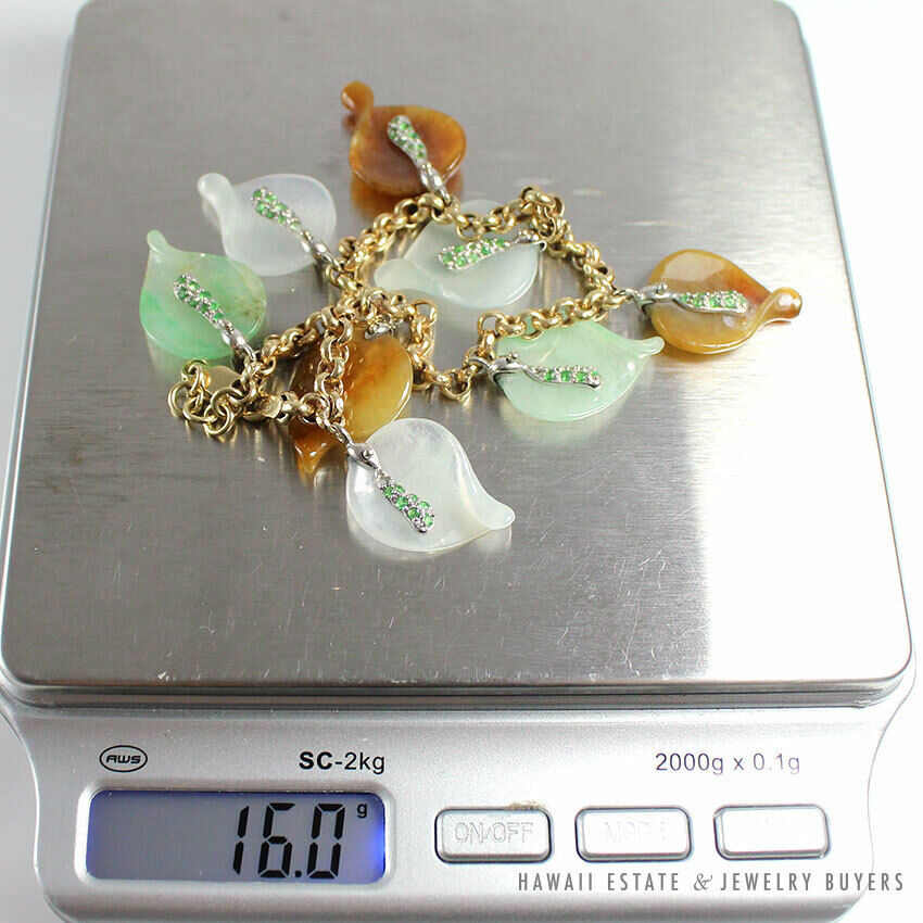 Carved Multi-Color Jade Leaf Charm 14K Yellow Gold Bracelet 7.5 Inch - Image 10