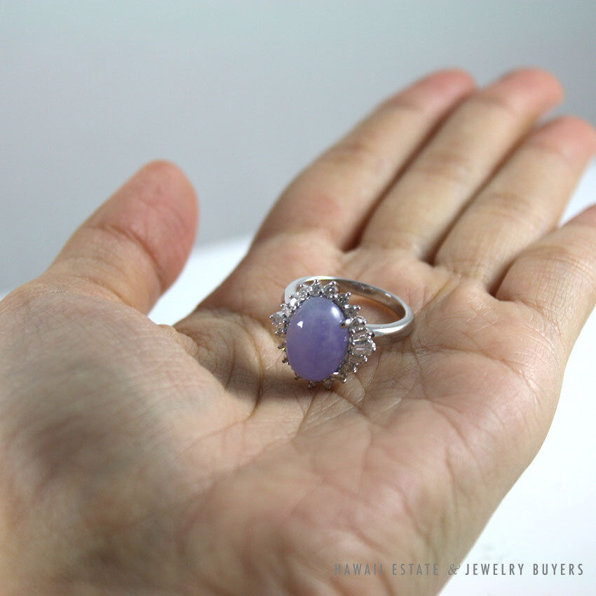 Light Purple Jadeite Jade & Diamond Halo Ring in 18K White Gold Size 6.5 - Image 10