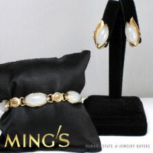 MING'S HAWAII 14K YELLOW GOLD MARQUISE CABOCHON WHITE JADE BRACELET EARRING SET