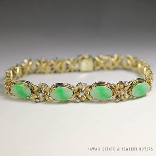 VINTAGE BURMESE JADEITE JADE & DIAMOND FLORAL 14K YELLOW GOLD BRACELET W/ GEMOLOGIST APPRAISAL