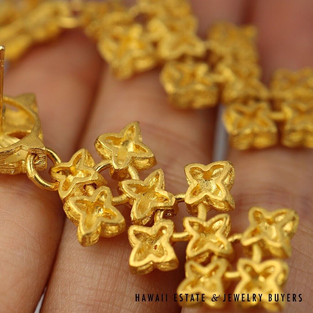 22K Yellow Gold Floral Dangle Post Back Earrings - Image 6