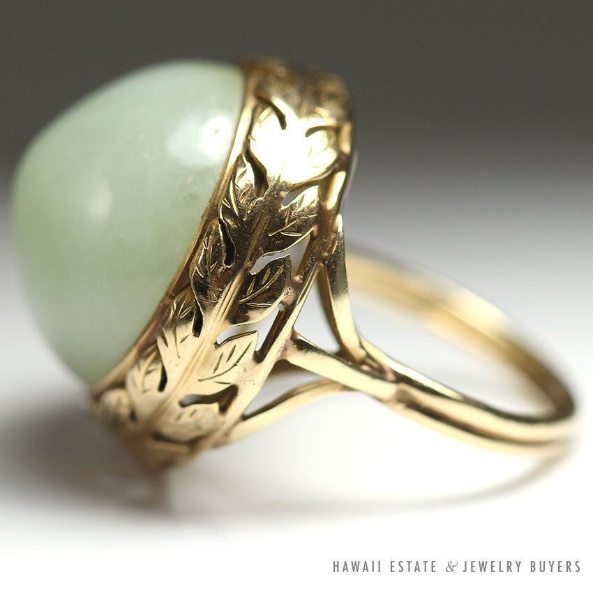Ming's Hawaii Pale Green Jade Cabochon 14K Yellow Gold Bezel Dome Ring Size 5.5 - Image 2