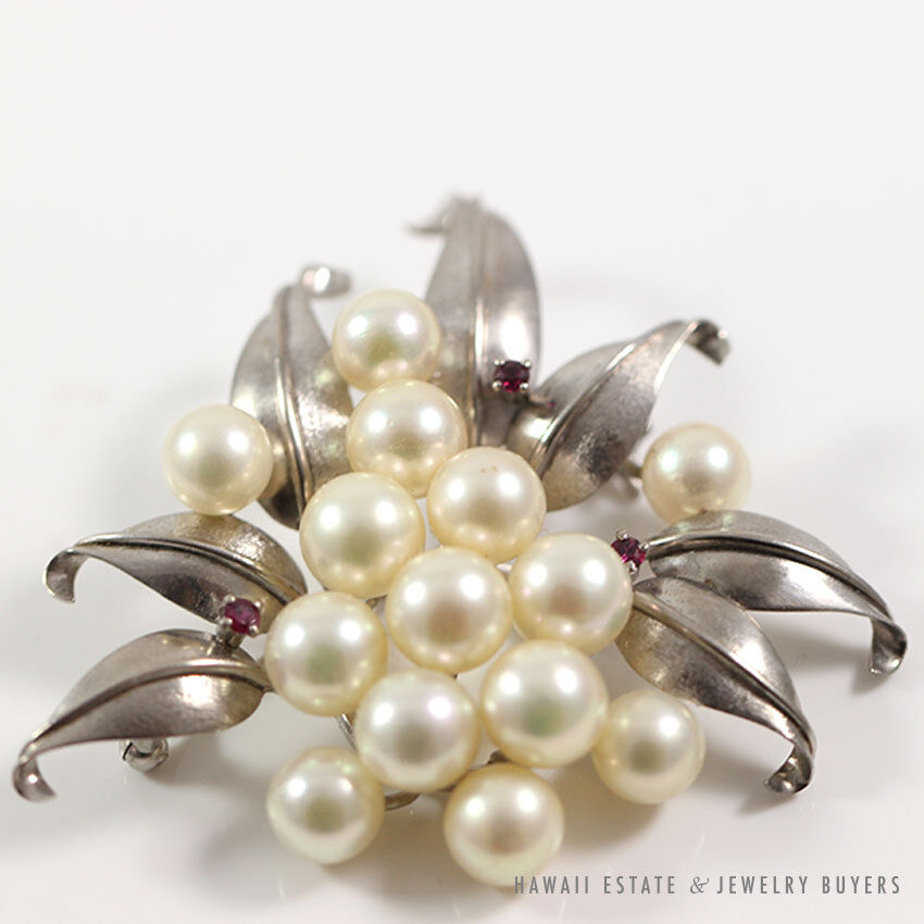 Cultured Pearl & Ruby Cluster Flower 14K White Gold Brooch - Image 6