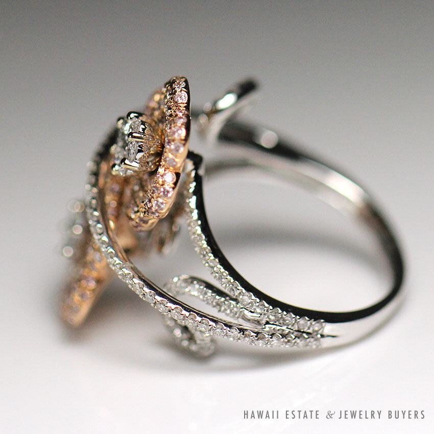 Diamond Pave Two-Tone 18K Rose & White Gold Floral Vine Ring Size 4.75 - Image 2