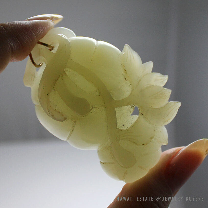 Carved Mutton Fat White Jade Openwork Pumpkins Pendant with 14K Yellow Gold Bail - Image 6