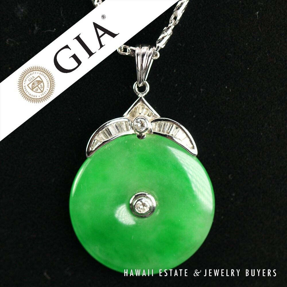 GIA Jade Apple Green Diamond 18k White Gold Donut 14K Pendant Necklace - Image 3