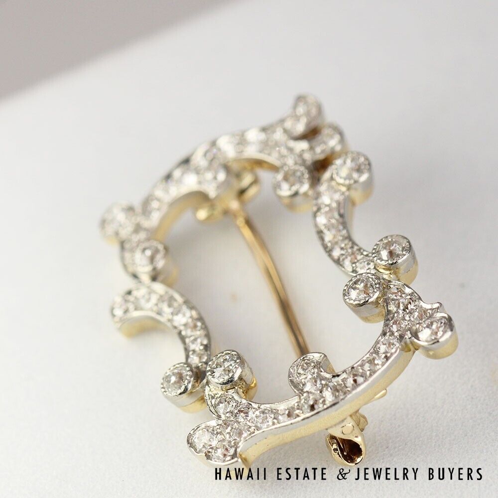 Vintage Old European Cut Diamond Platinum & 16K Gold Openwork Brooch - Image 6