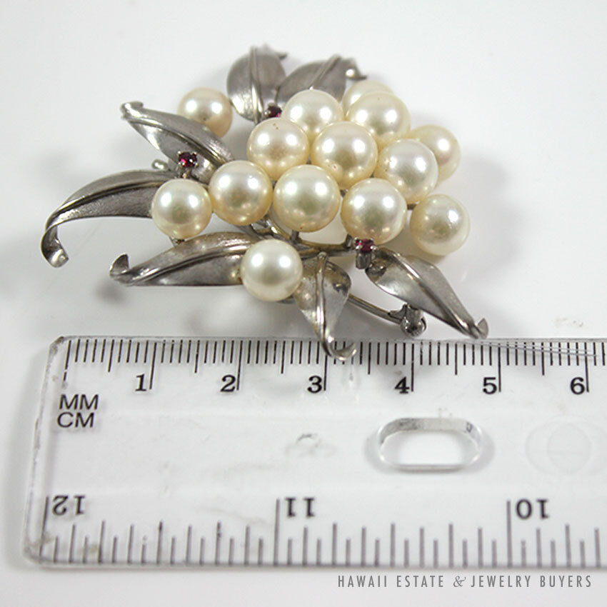 Cultured Pearl & Ruby Cluster Flower 14K White Gold Brooch - Image 10