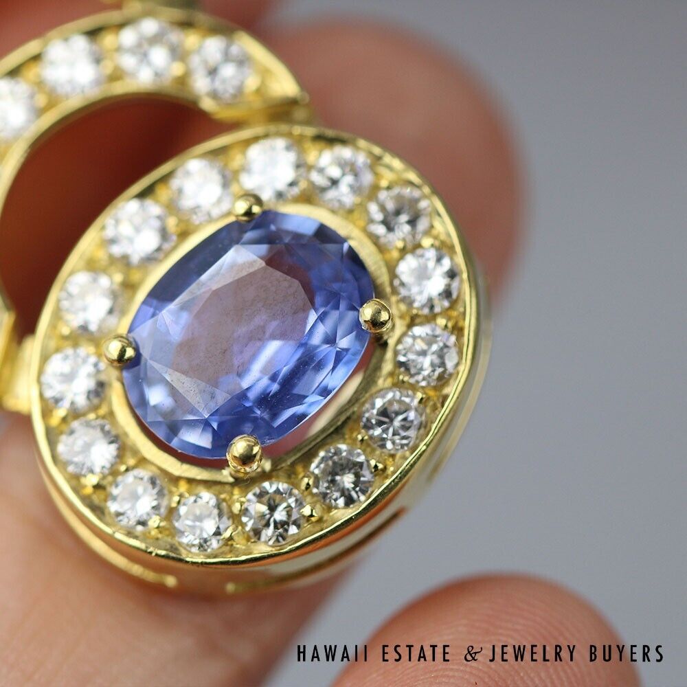 Bernard Hurtig Oval Pink & Blue Sapphire Diamond Halo 18K Yellow Gold Earrings - Image 3