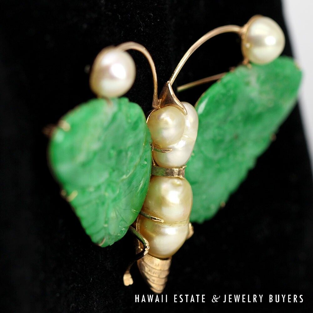 GIA Natural A Jadeite Jade Green Baroque Pearl Yellow Gold Butterfly Brooch Pin - Image 4