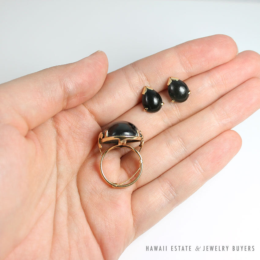 MING'S HAWAII BLACK CORAL 14K YELLOW GOLD EARRINGS & RING SIZE 5 - Image 10