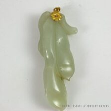 Chinese Carved Pale Green Jade Leaf & Fruit Pendant with Yellow Gold Floral Bail