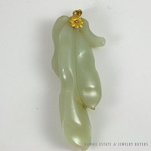 Chinese Carved Pale Green Jade Leaf & Fruit Pendant with Yellow Gold Floral Bail