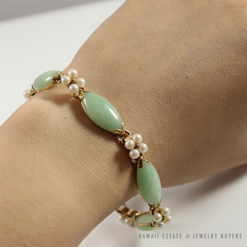 MING'S HAWAII JADE & PEARL EARRINGS NECKLACE BROOCH BRACELET COMPLETE SET W/ BOX - Image 5