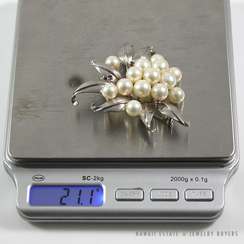 Cultured Pearl & Ruby Cluster Flower 14K White Gold Brooch - Image 11