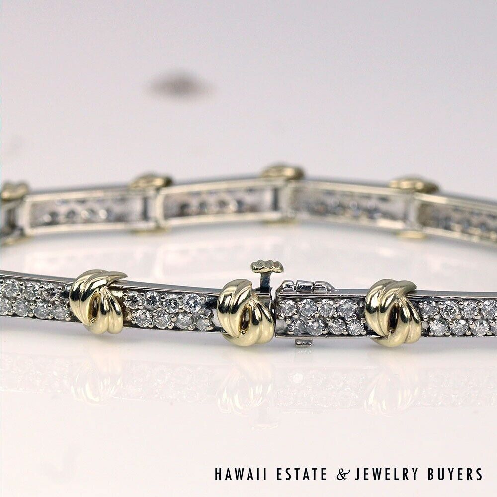 Pave Diamond Two-Tone 14K Gold Bar Bracelet 6.75 Inch - Image 2