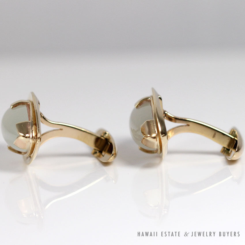 White Jade Marquise Cabochon 14K Yellow Gold Cufflinks with Toggle Back - Image 4