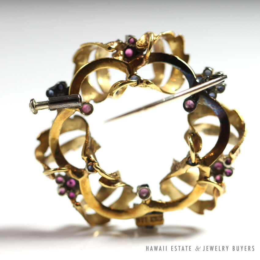 Vintage Natural Ruby & Sapphire Wreath 14K Yellow Gold Brooch & Earrings Set - Image 2
