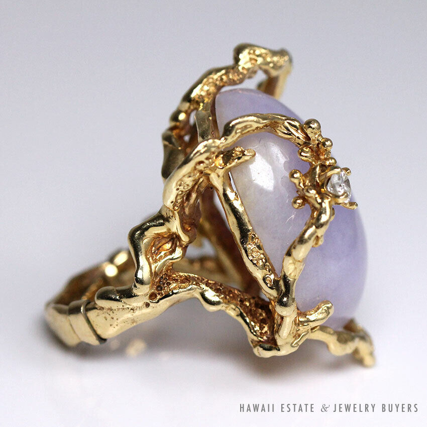 Lavender Jade Cabochon & Diamond 14K Yellow Gold Free Form Branch Ring Size 5 - Image 5