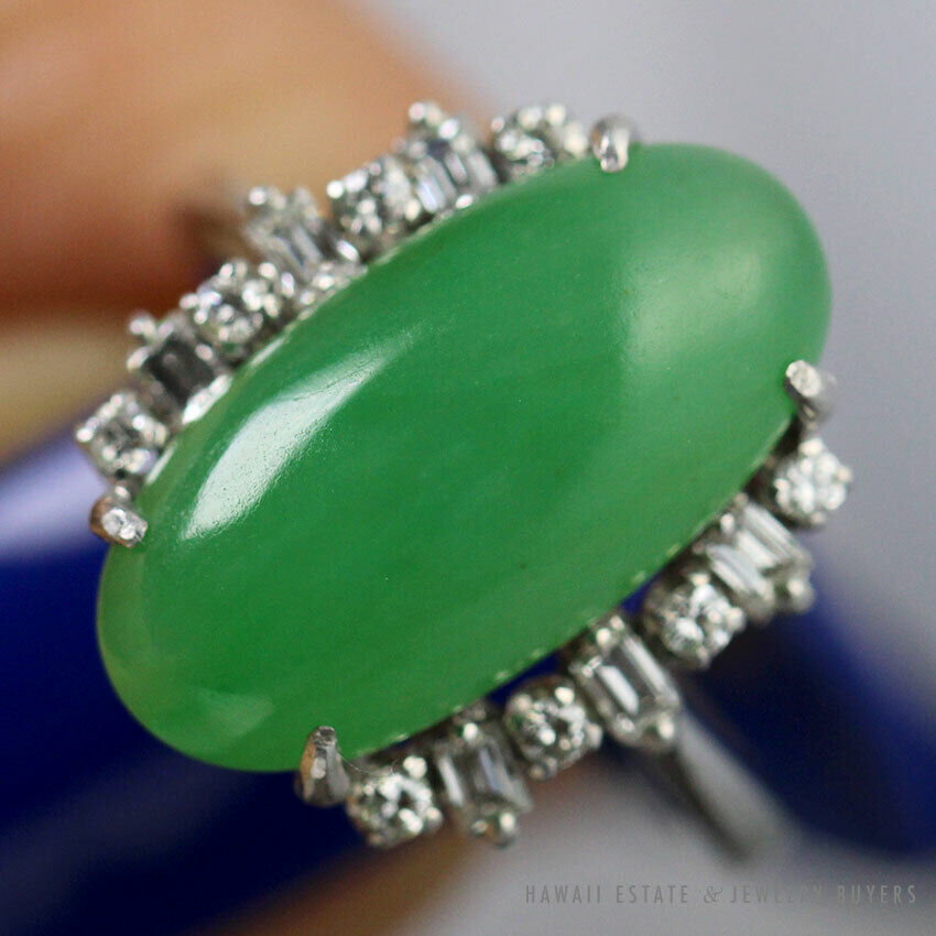GIA Natural a Jade Green Translucent Cabochon 0.36ctw Diamond Platinum Ring Sz 6 - Image 4