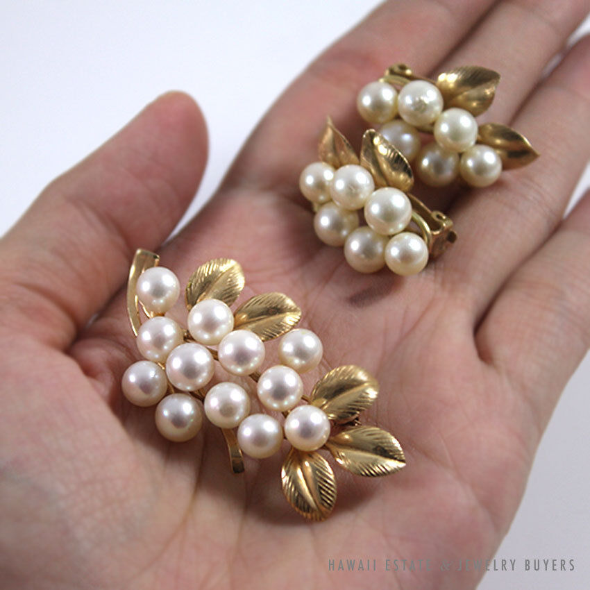 Ming's Hawaii Pearl Cluster 14K Yellow Gold Brooch & Clip Earrings Set - Image 2