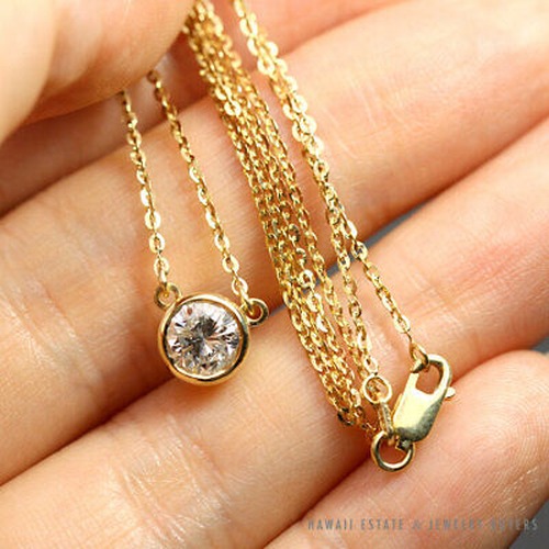 Bezel Set Round Diamond Solitaire Station 14K Yellow Gold Necklace 16 Inch