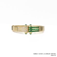 Emerald & Diamond 18K Yellow Gold Hinged Bangle Bracelet Size 6.5