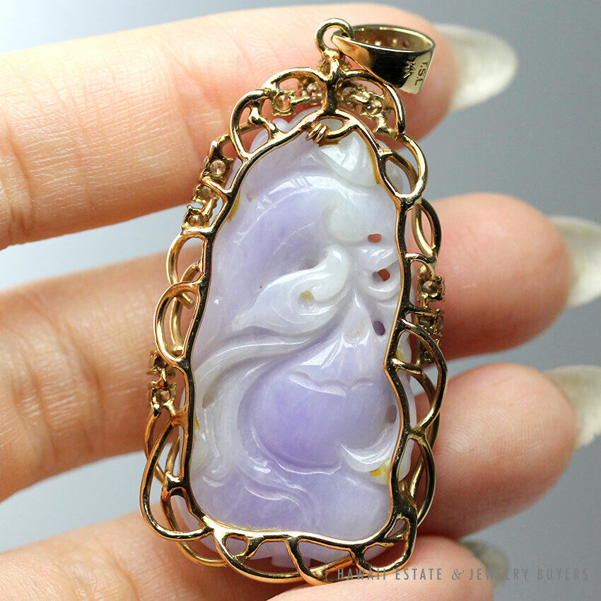 GIA Certified Tsl Jade Mottled Purple Tiger on Peach 14K Yellow Gold Pendant - Image 5