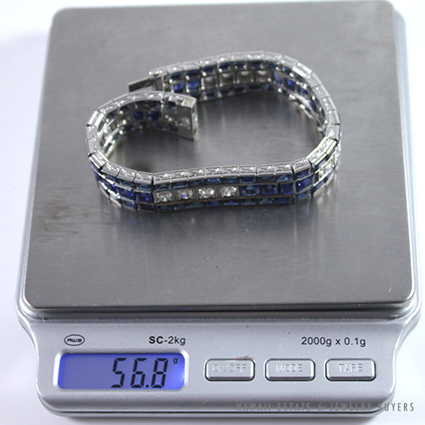 Art Deco Natural Sapphire & Old European Cut Diamond Platinum Bracelet 6.75 Inch - Image 12