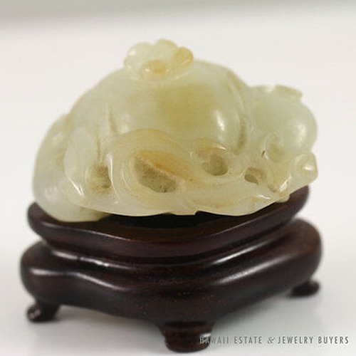 White Jade Openwork Fruit & Foliage Carving with Fitted Wood Stand