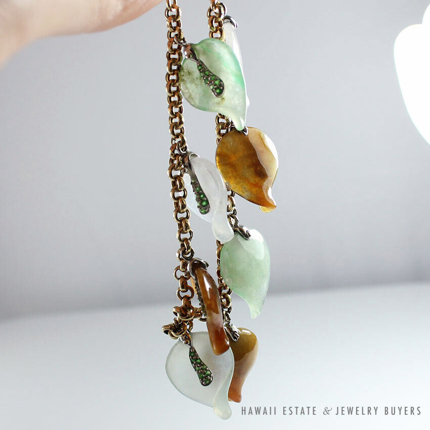 Carved Multi-Color Jade Leaf Charm 14K Yellow Gold Bracelet 7.5 Inch - Image 7