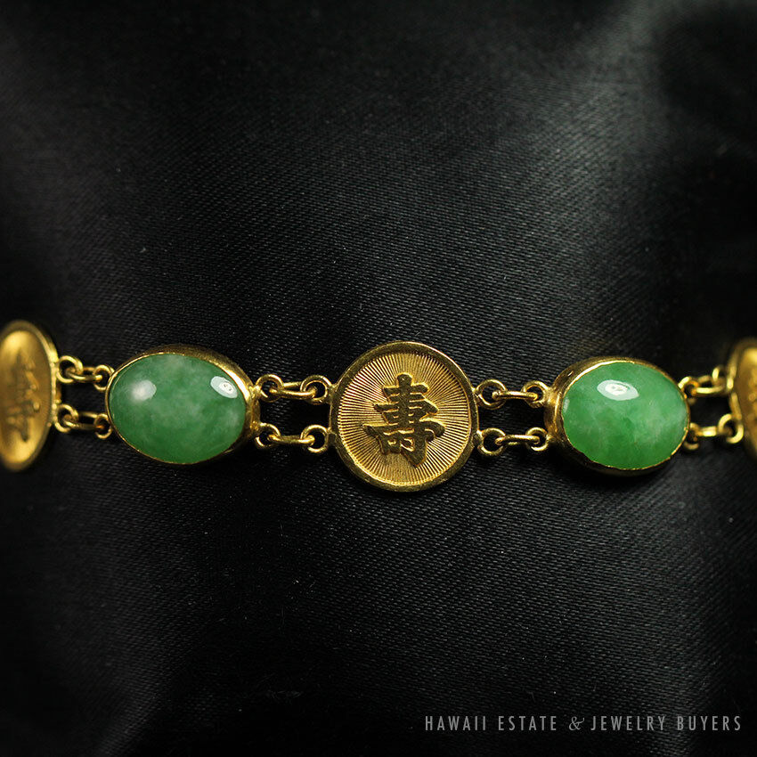 NATURAL GREEN JADEITE JADE CHINESE GOOD LUCK 22K YELLOW GOLD BRACELET - Image 2