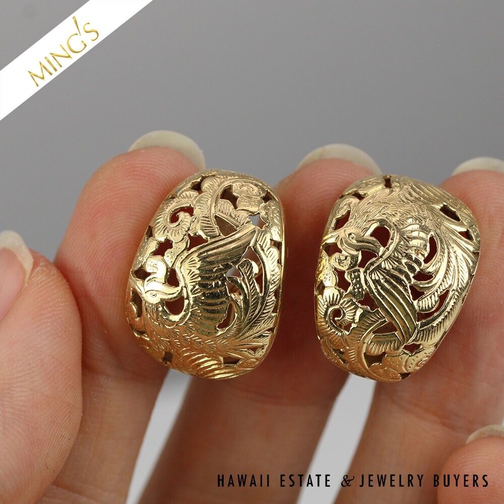 MING'S DUAL PHOENIX SHRIMP 9.1g 14K YELLOW GOLD OMEGA BACK EARRINGS - Image 6