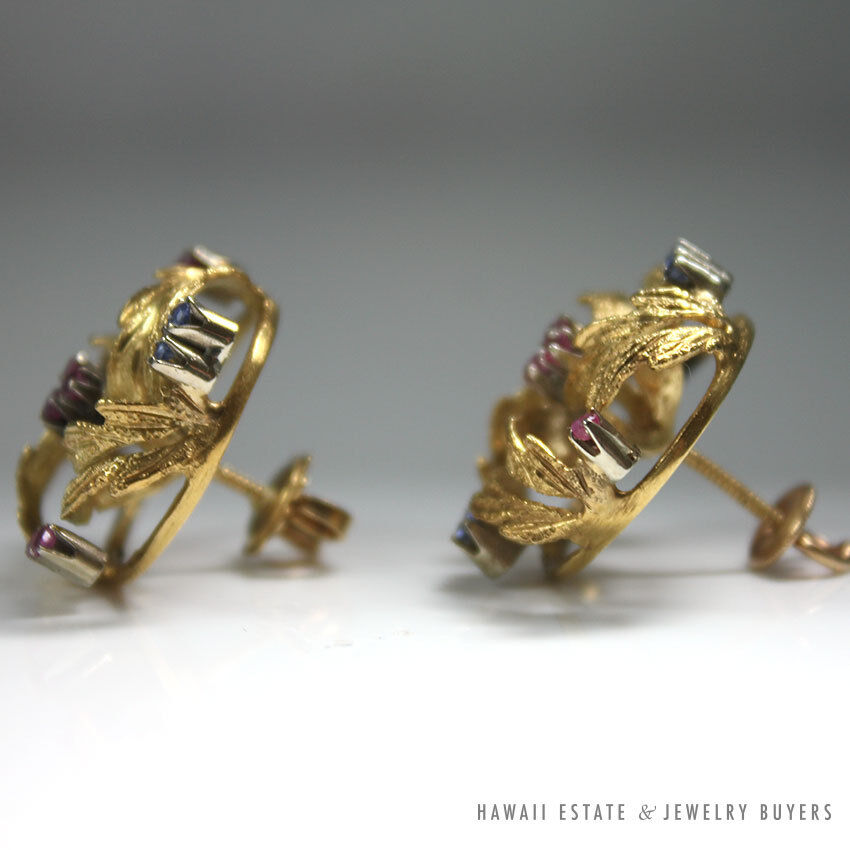 Vintage Natural Ruby & Sapphire Wreath 14K Yellow Gold Brooch & Earrings Set - Image 7