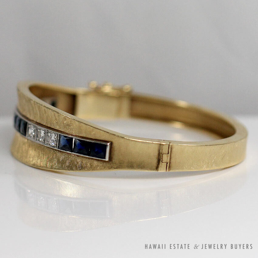 Natural Sapphire & Diamond 14K Yellow Gold & Platinum Hinged Bangle - Image 6