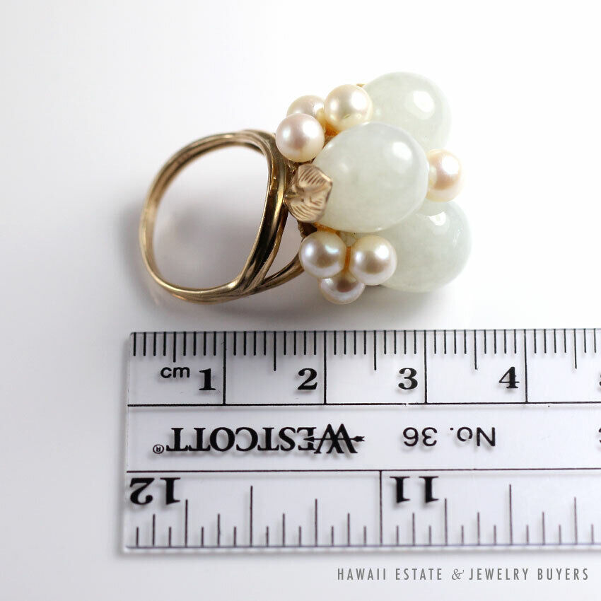 Pale Green Jade & Cultured Pearl 14K Yellow Gold Cluster Dome Ring Size 5 - Image 12