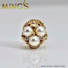 MING'S 14KYG THREE PEARL CLUSTER W/ 0.12ctw DIAMOND RING SIZE 5.75